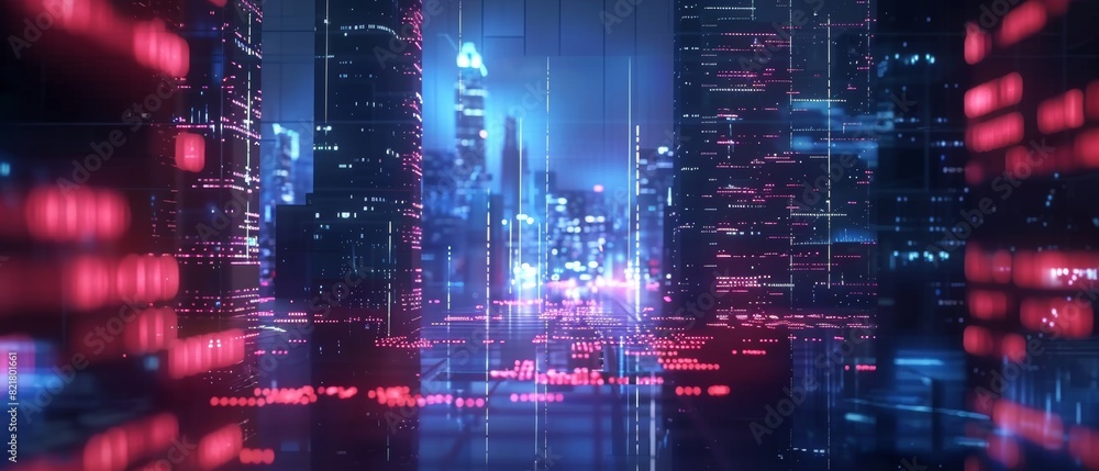 Futuristic cityscape with neon lights and digital elements, representing technology, innovation, and modern urban development at night. Futuristic cityscape with neon lights and digital elements, representing technology, innovation, and modern urban development at night.