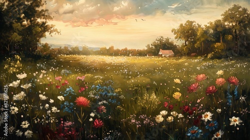 vintage painting of a field of beautiful flowers, farmhouse in the distance, dark cottagecore aesthetic