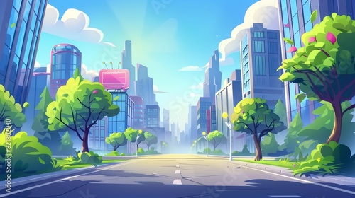 Animated modern cartoon cityscape with alleyway, street, park, and skyscrapers on horizon. Modern animated cityscape with empty street lane. photo