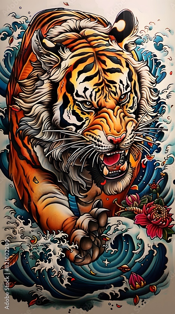 Fancy tiger, beautiful line drawing, brutal Japanese style tattoo design, brutal shirt combined with watermarks, tattoos, bright colors. Fancy tiger, beautiful line drawing, brutal Japanese style tattoo design, brutal shirt combined with watermarks, tattoos, bright colors.