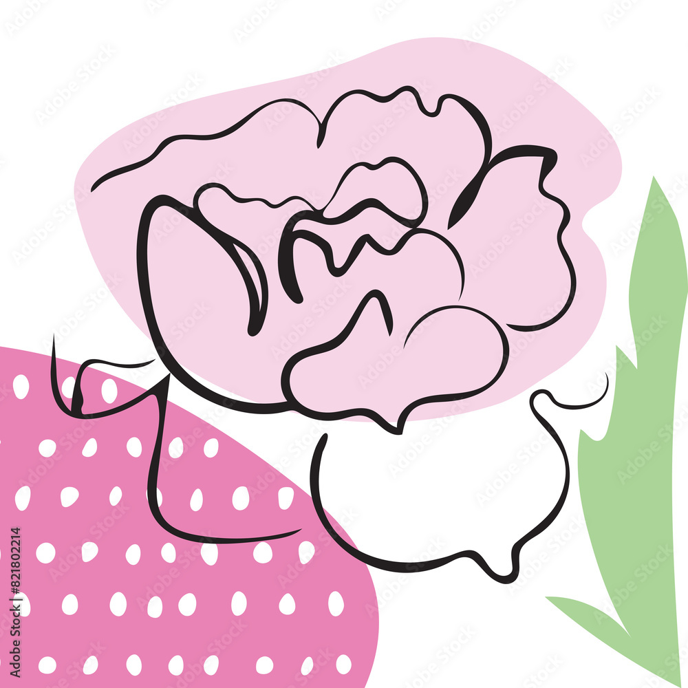 Rose in black line art illustration with leaf and spot motif. Contemporary abstract flower outline within transparent background. Colorful shape design for poster, wallet, wallpaper, surface design. Rose in black line art illustration with leaf and spot motif. Contemporary abstract flower outline within transparent background. Colorful shape design for poster, wallet, wallpaper, surface design.