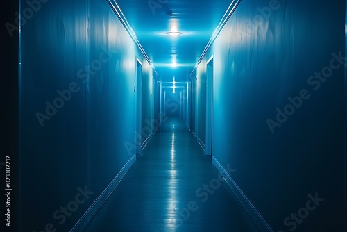 Dimmed hallway with a solitary light source at the end. The concept of solitude and mystery.