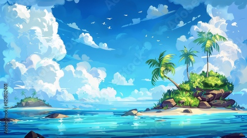 Tropical island in ocean panorama landscape. Blue sky  sea  palm trees  tranquil water surface  rocks under beautiful cloudy sky  modern illustration.