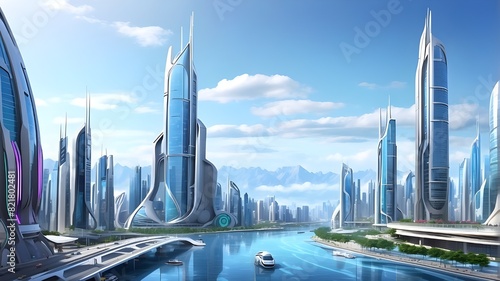 Futuristic Cityscape: Describe the breathtaking view of a futuristic cityscape from a high vantage point. Detail the sleek skyscrapers, advanced transportation systems, neon lights, and the overall se photo