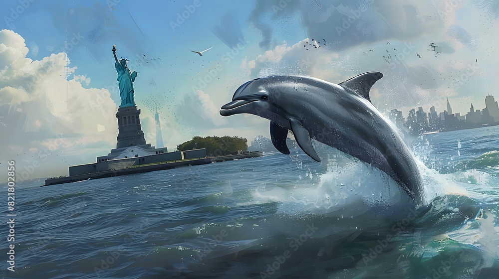 Obraz premium a graceful dolphin leaping out of the water beside the Statue of Liberty in New York Harbor