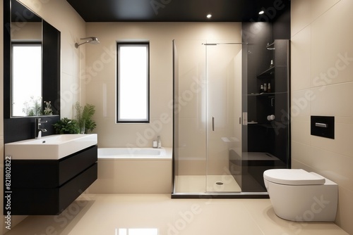 Modern Cream And Black Small Bathroom Design Ideas With Glass Partition