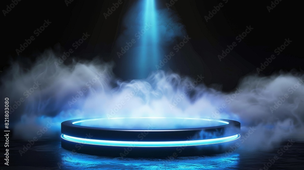 An illustration of a podium with a round stage, a spotlight on the winner's pedestal, a circular platform, a projector beam and smoke clouds on a black background, a modern realistic illustration. An illustration of a podium with a round stage, a spotlight on the winner's pedestal, a circular platform, a projector beam and smoke clouds on a black background, a modern realistic illustration.