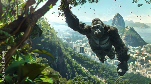 A gorilla swings from tree to tree in a lush city.