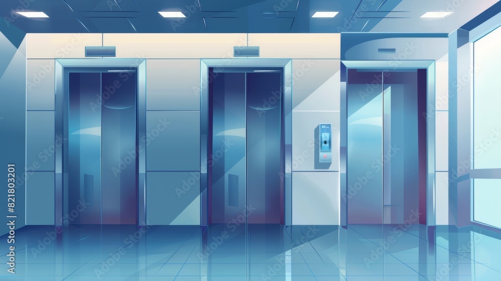 A modern building corridor with closed doors and steel lift gates in an office, hospital, hotel or house, modern realistic illustration. A modern building corridor with closed doors and steel lift gates in an office, hospital, hotel or house, modern realistic illustration.