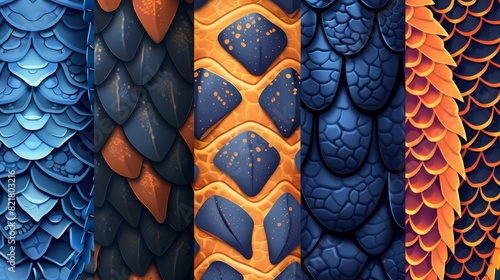 A seamless pattern of blue, orange and black squama of fish, mermaids, reptiles or fantasy monsters in modern form. photo
