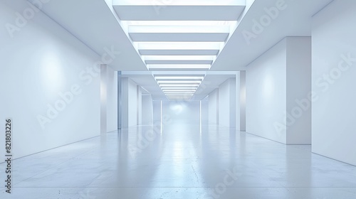 A white room with white walls inside. Perspective view of a modern office or gallery with ceiling lights. Abstract white box inside  modern realistic illustration.