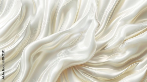 The texture of white yogurt  milk  or cream surfaces on an abstract silk fabric background. The graphic illustrates liquid yoghurt  dairy products  or cosmetic cremes using modern realistic realistic