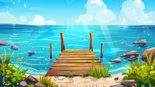 Xerox illustration of a wooden pier on the sea or lake shore. A summer landscape of a boat dock, ocean harbor beach, an old wooden wharf, green grass, and a berth with boardwalk on a coastal sea bay.