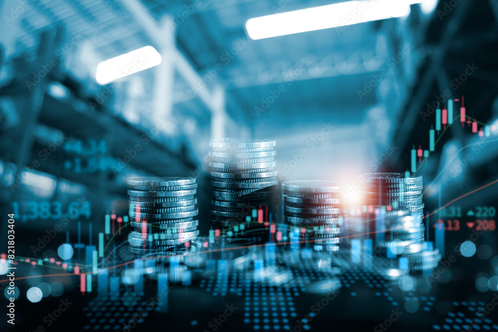 Stock market business finance, world economic growth trend, coin stack in background, investing mutual funds, financial risk management, debt ceiling, Quantitative Easing, effect inflation, interest Stock market business finance, world economic growth trend, coin stack in background, investing mutual funds, financial risk management, debt ceiling, Quantitative Easing, effect inflation, interest