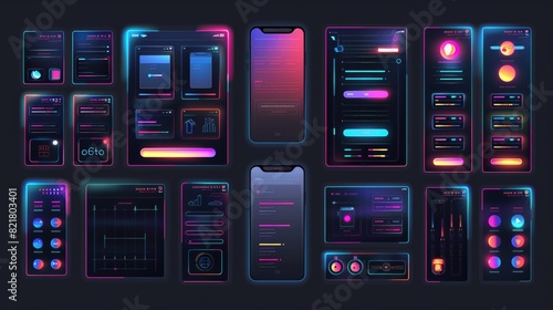 Design templates for social media apps for mobile gadgets, black and colorful retro windows. Modern illustration of groovy 90s backgrounds with psychedelic antique statues.