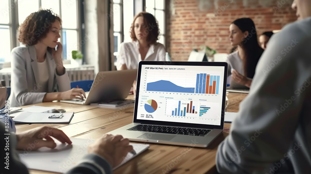 Analysts in the workplace are studying financial data for marketing strategy at the workspace, and there is a stack of BI dashboard paper format with graphs and charts, generative ai Analysts in the workplace are studying financial data for marketing strategy at the workspace, and there is a stack of BI dashboard paper format with graphs and charts, generative ai