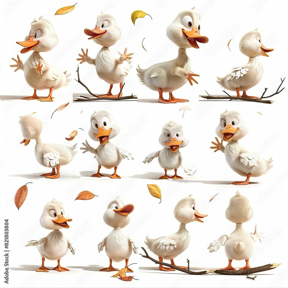 Fototapeta premium Little Duck Cute character multiple posses and expression children's book illustration style