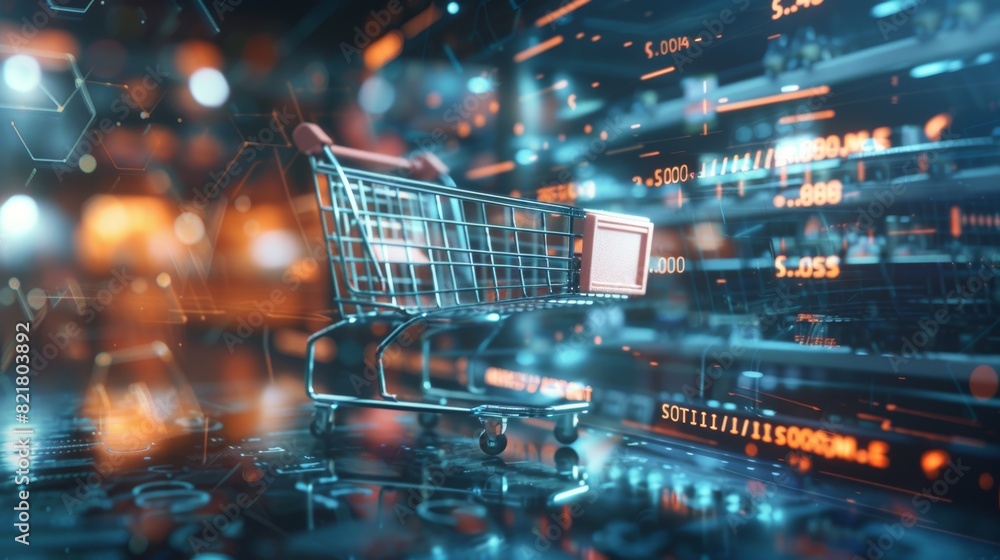 Digital shopping cart concept representing online retail and e-commerce with futuristic technology background and data visuals. Digital shopping cart concept representing online retail and e-commerce with futuristic technology background and data visuals.