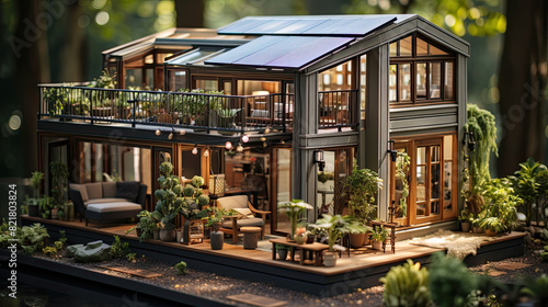 Realistic wooden modern tiny house in small size with eco-friendly solar panels on roof in harmony with nature, ecology, alternative energy source with potted plants.