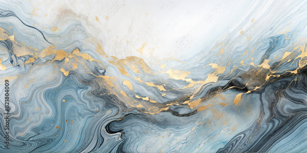 Fototapeta premium Abstract art blue paint background with liquid fluid grunge texture. Light Blue Gold sparkle splatter golden abstract foil Background.