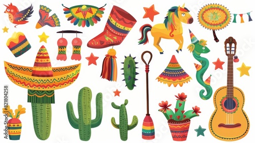 Fiesta symbol in Mexican for party decoration with pinata, sombrero, guitar, maracas and unicorn isolated on white background. Mexican birthday modern set. photo