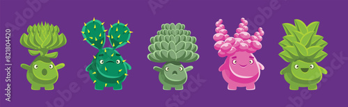 Cute Funny Plant Character with Fantasy Succulent and Cactus Vector Set