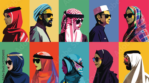 Set of different Arab people on colorful background Vector