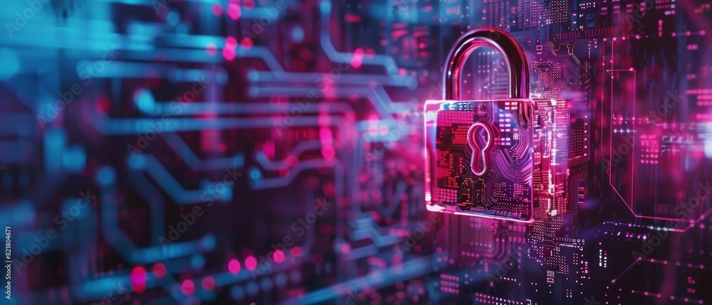 Obraz premium Digital padlock hovering over electronic circuit background, representing cybersecurity, data protection, and information privacy.