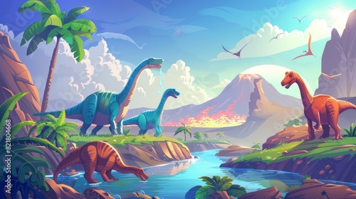 Animals of the Jurassic period drinking water from a river. Modern cartoon illustration of ancient Jurassic era animals on a tropical landscape with volcanoes erupting. Background for a prehistoric photo