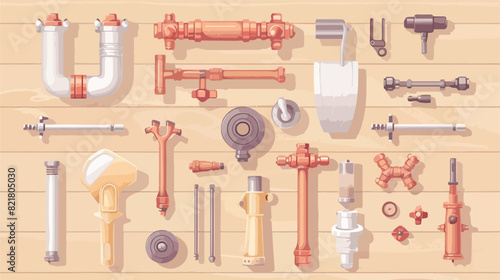 Set of plumbers items on light wooden background Vector
