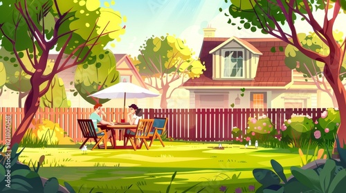 A summer landscape of a homeowners backyard with trees, green grass on lawn, and women drinking tea whilst sitting in armchairs, modern cartoon illustration. photo