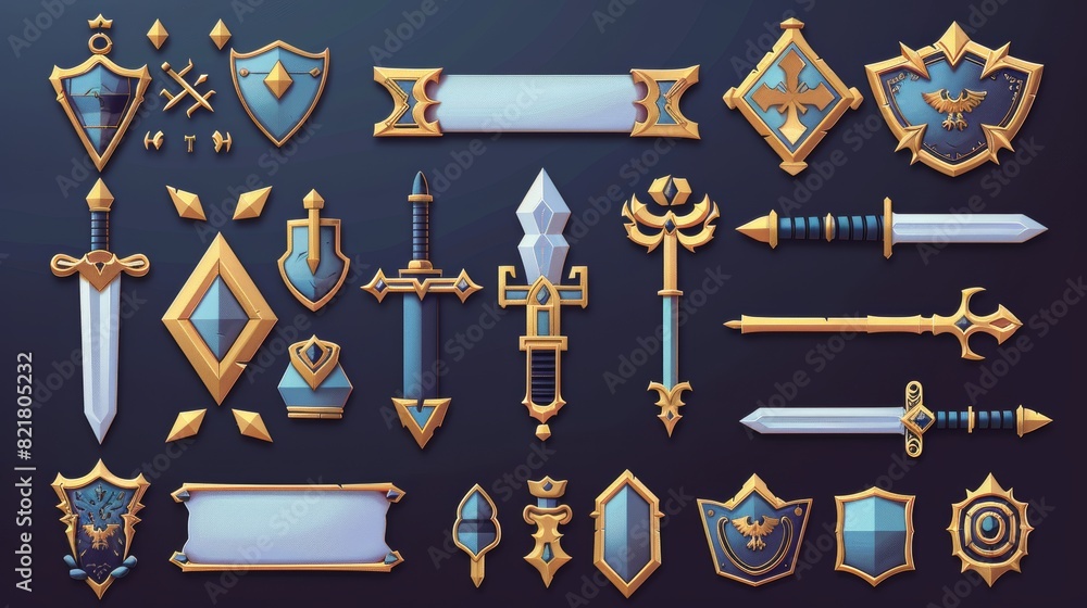 Game UI elements with gold frames in medieval style. Buttons, banners ...