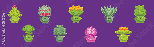 Cute Funny Plant Character with Fantasy Succulent and Cactus Vector Set