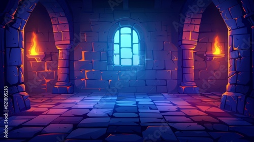 Castle background featuring medieval stone castle interior. Mystic dungeon interior with floor  wall  window and fire torch. Fantasy palace corridor perspective view with symmetry inside design.