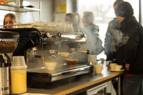 Professional Photography of a busy office coffee machine with steam rising as employees eagerly wait for their caffeine fix during a break  Generative AI