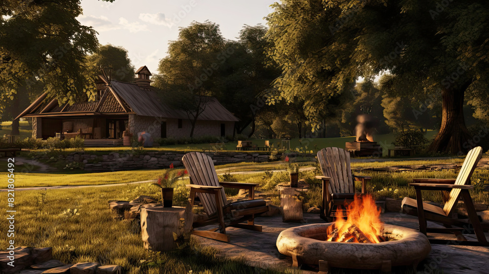 A modern picnic area with a campfire bowl in the courtyard of the house. Cozy place by the campfire, stone fire pit, outdoor furniture A modern picnic area with a campfire bowl in the courtyard of the house. Cozy place by the campfire, stone fire pit, outdoor furniture