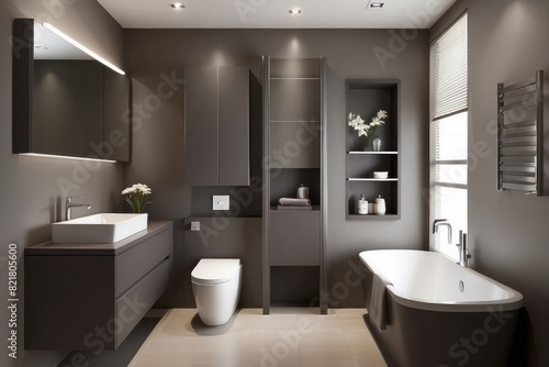 Modern Dark Beige Small Bathroom Design With Grey Bathroom Cabinet