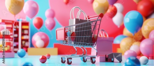 Colorful shopping cart with gift boxes and balloons in a bright store. Perfect for sale, retail, and celebration concepts. photo
