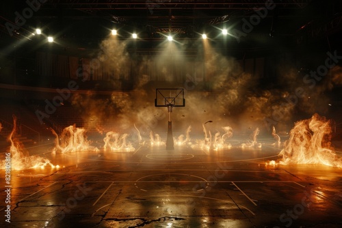 a basketball court in the middle of an arena, flames around it, spotlights shining down on the floor, smoke filling up half the scene.