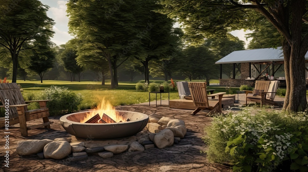 A modern picnic area with a campfire bowl in the courtyard of the house. Cozy place by the campfire, stone fire pit, outdoor furniture A modern picnic area with a campfire bowl in the courtyard of the house. Cozy place by the campfire, stone fire pit, outdoor furniture