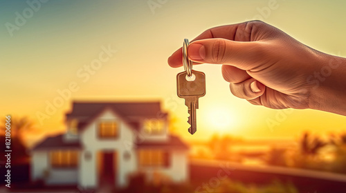 Realtor's hand with keys to house for beach holiday in hot tropics with palm trees. Hotel reservations, booking, moving to new house, mortgage, rent and purchase of real estate.
