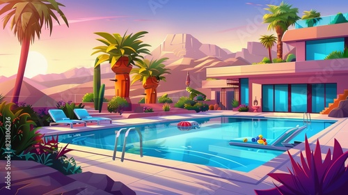 An illustration of a cartoon swimming pool near a villa with a mountain sunset in the distance. An illustration of summer relaxation in the backyard with loungers and toys in the water  palm trees 