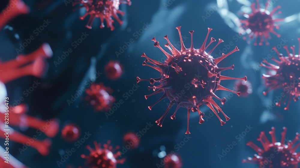 Image of red virus particles in deep blue background. Image of red virus particles in deep blue background.