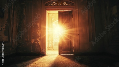 Image of an open door emitting a bright, glowing light into a dark room.