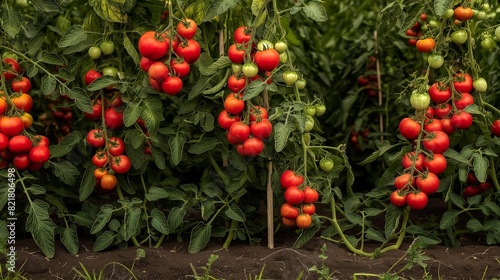 Image of tomato plants heavy with ripe, red tomatoes.