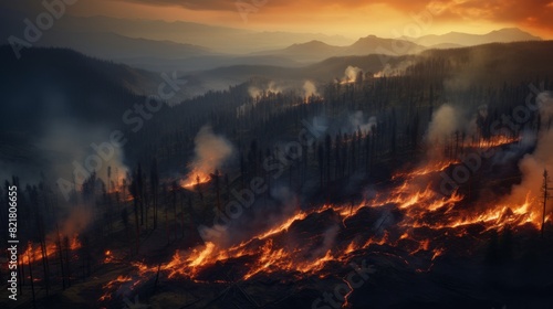 A fire engulfs the forest and dry grass  leaving a black layer of burning and ash on the ground