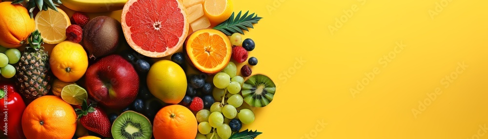 A variety of fresh fruits on a yellow background. A variety of fresh fruits on a yellow background.