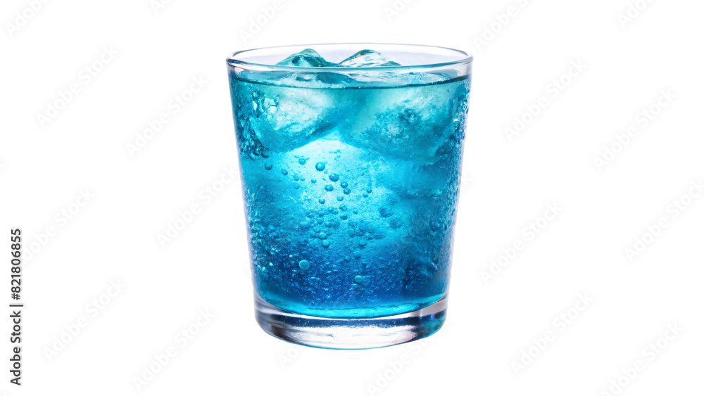 A clear glass filled with blue soda with ice cubes floating inside A clear glass filled with blue soda with ice cubes floating inside