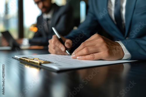 businessperson's hand signing an important document in a conference room