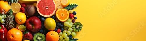 A variety of fresh fruits on a yellow background.